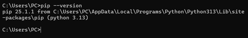 command prompt output for pip --version