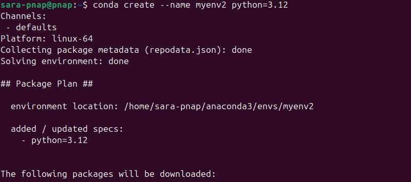 conda create --name myenv2 python=3.12 terminal output