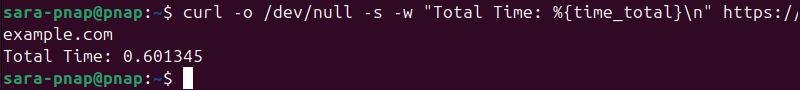 curl -o /dev/null -s -w "Total Time: %{time_total}\n" https://example.com terminal output