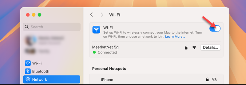 Disabling a network adapter in macOS.