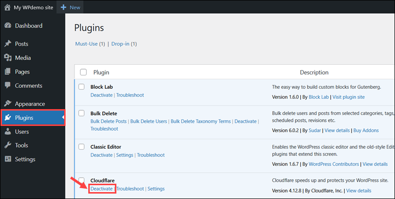 Deactivating an authentication plugin in WordPress to resolve 401 error.