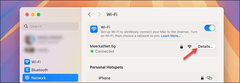 Accessing advanced settings for a network adapter in macOS.