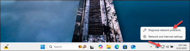 Accessing the network diagnostics wizard in Windows.