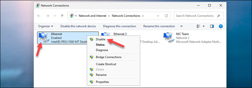Disabling a network adapter in Windows.