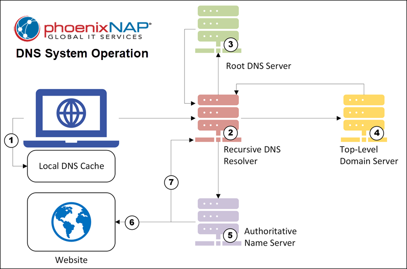 A diagram showing the steps in operation of a DNS system.