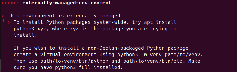 Externally Managed Environment error terminal output