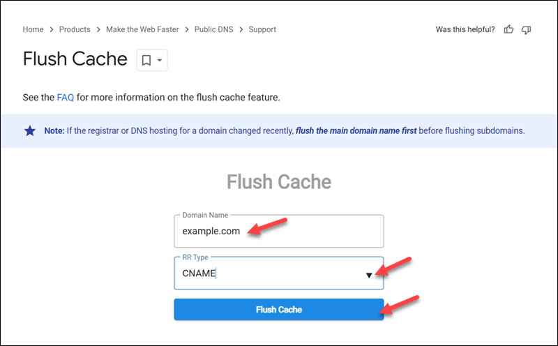 The Flush Cache page on the Google Public DNS website, with an example domain and record.