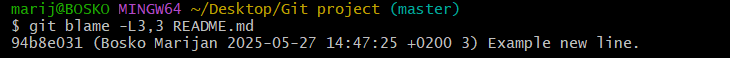 Showing the author of a specific line with git blame.
