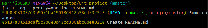 Example output of the git log command.