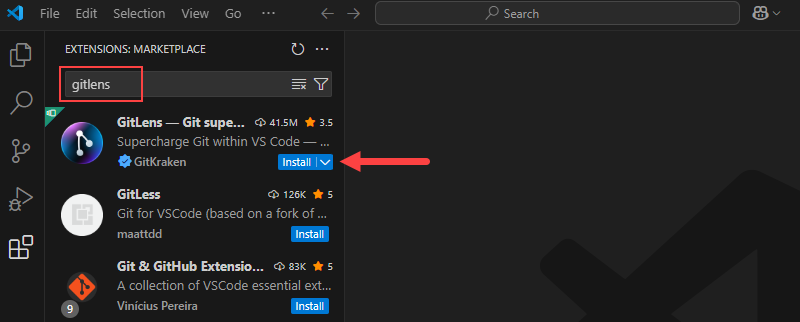 Searching for the GitLens extension in VS Code.