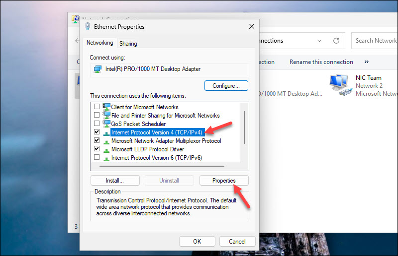Accessing IPv4 properties in Windows.