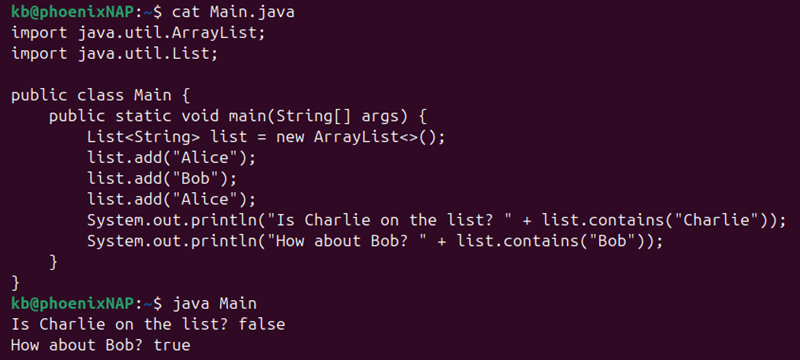 Java list contains check output