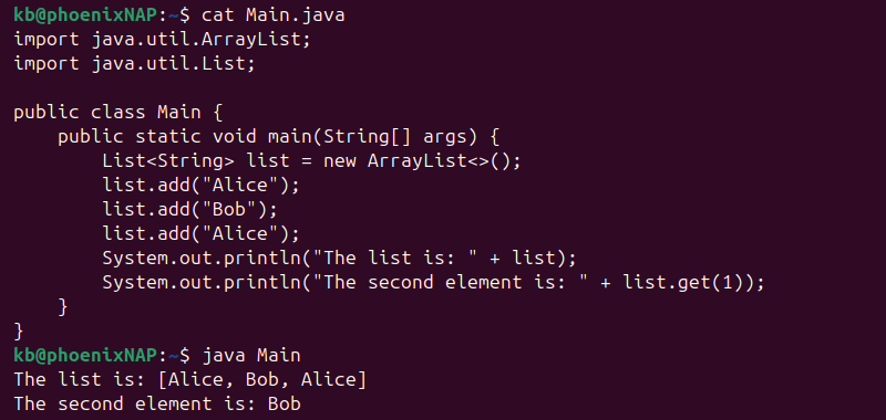 Java list get element output