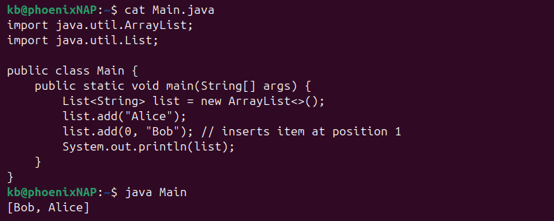Java list insert item output