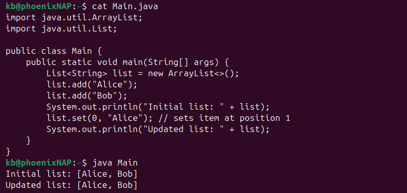 Java list set item output