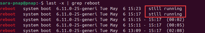 last -x | grep reboot terminal output