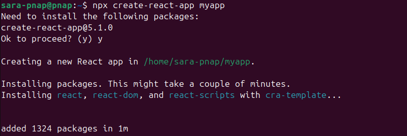 npx create-react-app myapp terminal output