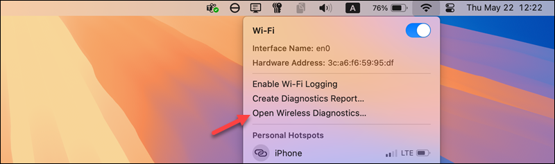 Accessing wireless diagnostics wizard in macOS.