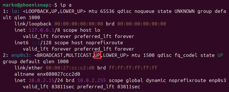 Checking the health of a network connection using the ip a command.