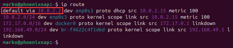 Output of the ip route command showing the gateway address.