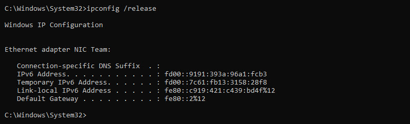 Releasing an IP address in Windows using the ipconfig command.