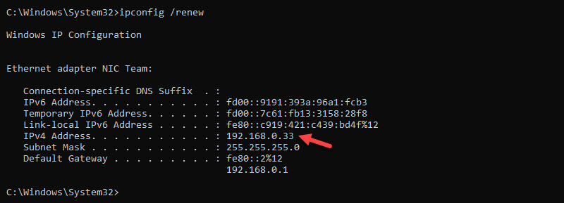 Renewing an IP address in Windows using the ipconfig command.