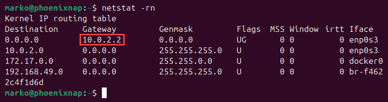 Output of the netstat -rn command showing the gateway address.