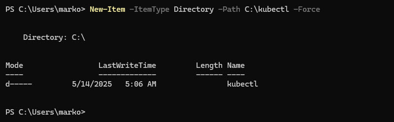 Creating a directory for kubectl in Windows.