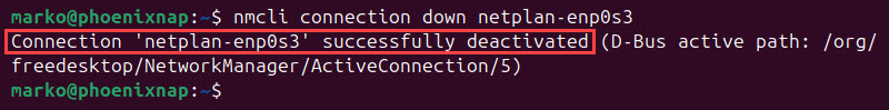 Disabling a network connection with nmcli in Ubuntu.