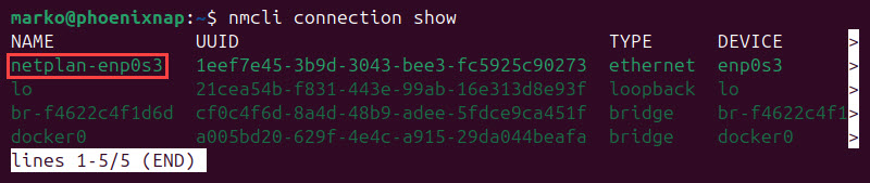 Viewing available connections with nmcli.