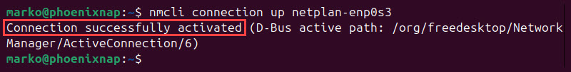 Re-enabling a network connection in Ubuntu with nmcli.