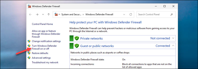 Accessing Windows firewall options.