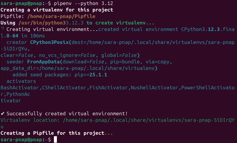 pipenv --python 3.12 terminal output