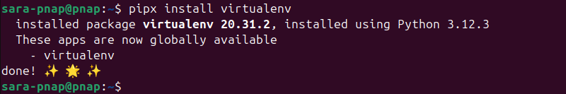 pipx install virtualenv terminal output