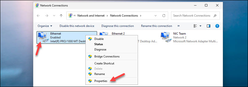 Accessing network adapter properties in Windows.
