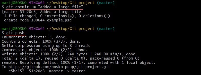 Adding and pushing a large file in Git Bash.