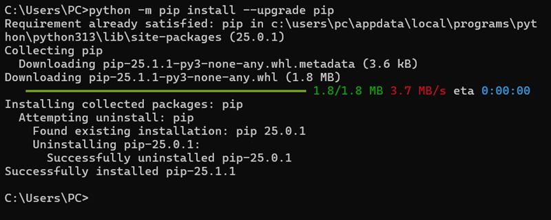 python -m pip install --upgrade pip command prompt output