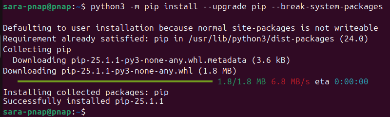 python3 -m pip install --upgrade pip --break-system-packages terminal output