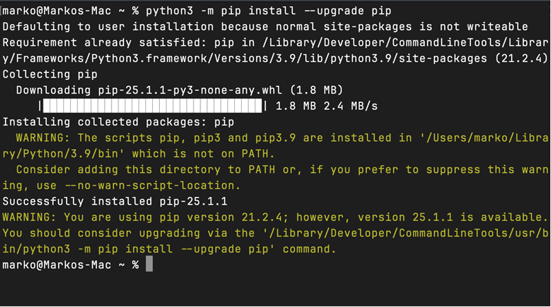 python3 -m pip install --upgrade pip terminal output on mac