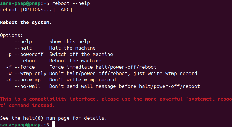 reboot --help terminal-output