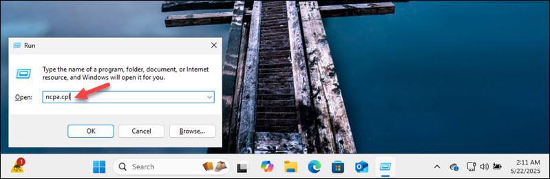 Running ncpa.cpl in Windows Run dialog.