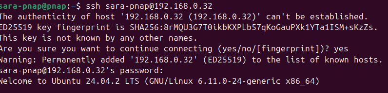 ssh sara-pnap@192.168.0.32 terminal output