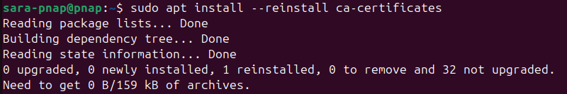 sudo apt install --reinstall ca-certificates terminal output