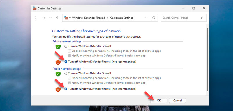 Turning Windows Firewall off for private and public networks.