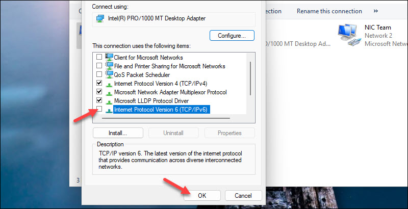 Disabling IPv6 in Windows.