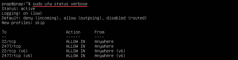 Detailed status of UFW in Ubuntu.