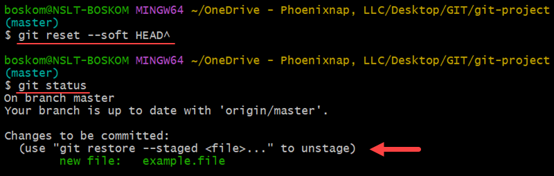 git status output after undoing a commit