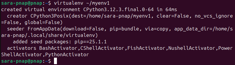 virtualenv ~/myenv1 terminal output