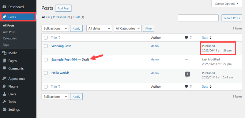 Post status in WordPress Admin with 404 error.