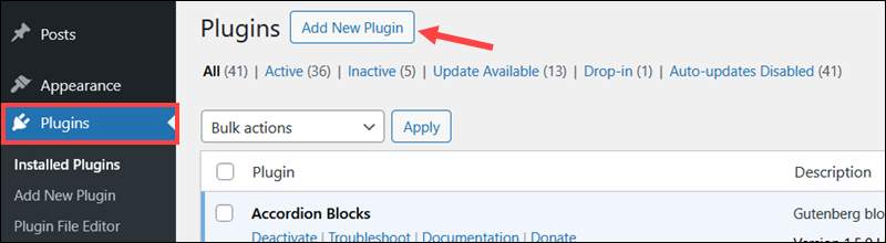 Installing the Redirection plugin in WordPress.